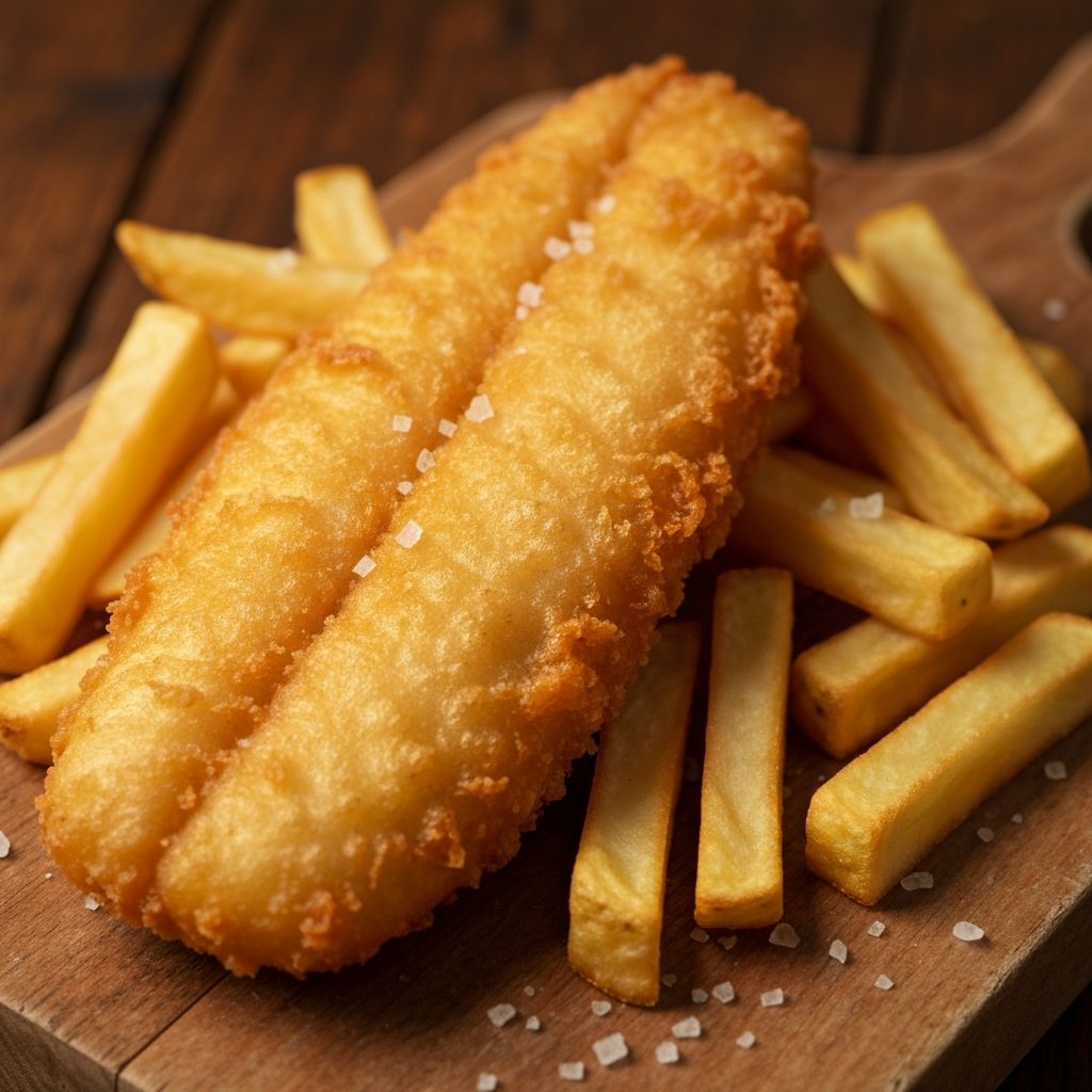 Close-up of perfectly golden battered fish fillet with crispy chips on a wooden board